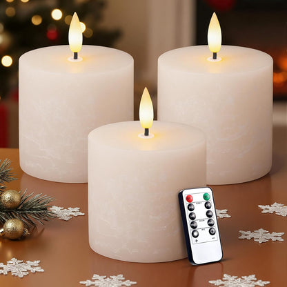 Retisee Valentine's Day Flameless Pillar Candles Set of 3 Battery Operated Candle with Remote Control Timers Real Wax Flat Top Flickering Small LED Candles for Valentine Decor Dinner(Ivory,3x3 Inch)