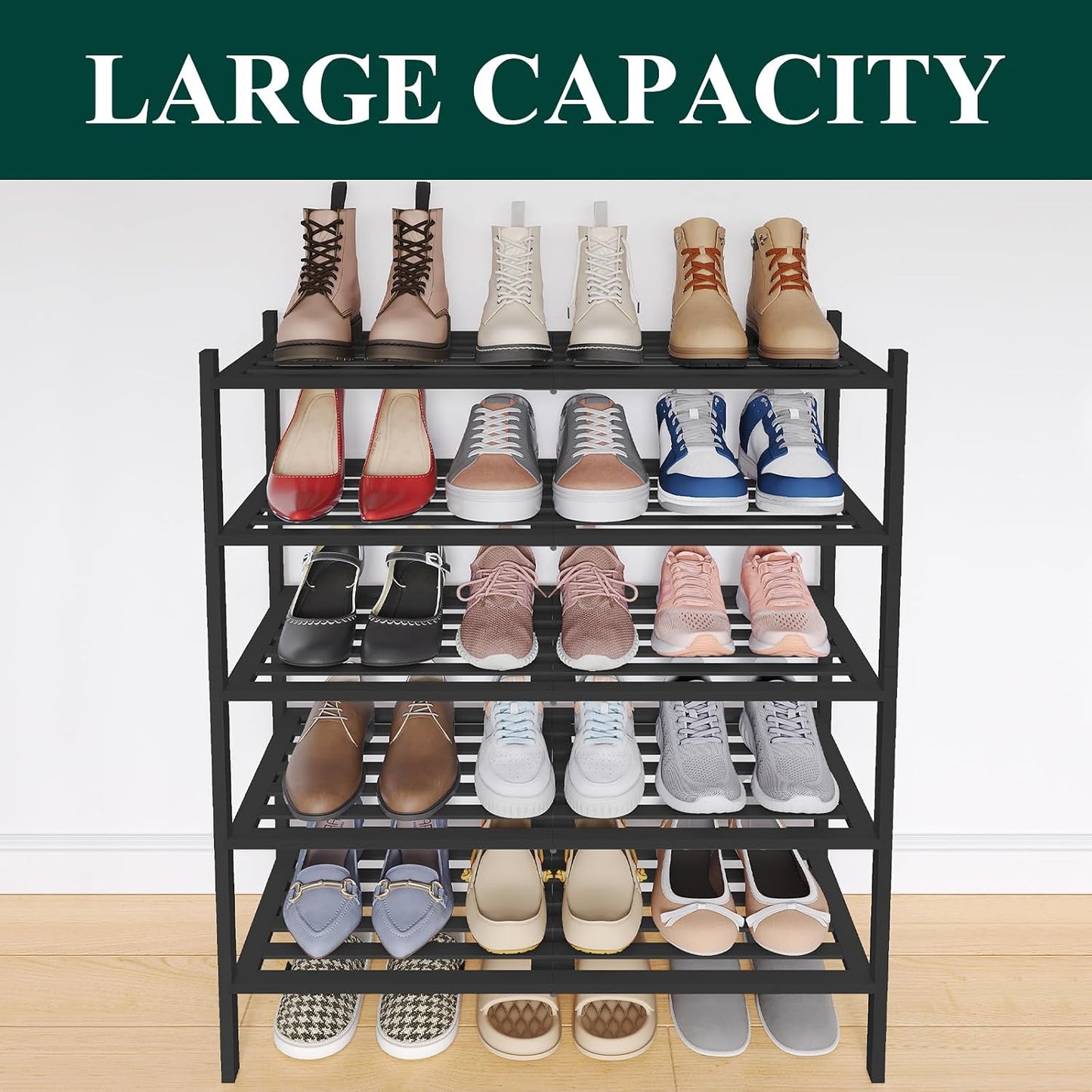 Smiry Bamboo Shoe Rack, 3 Tier Free Standing Wooden Shoe Organizer, Stackable Wood Shoe Storage Shelf for Closet, Entryway, 5 Horizontal Slats, 26.8"x11"x18.3", Natural