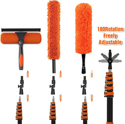 30FT Reach Duster Kit, Window Cleaning with 5-24FT Telescoping Extension Pole, High Ceiling Duster, Microfiber Feather Duster, Cobweb Duster, Window Squeegee, Feather Duster, Extendable Pole Kit