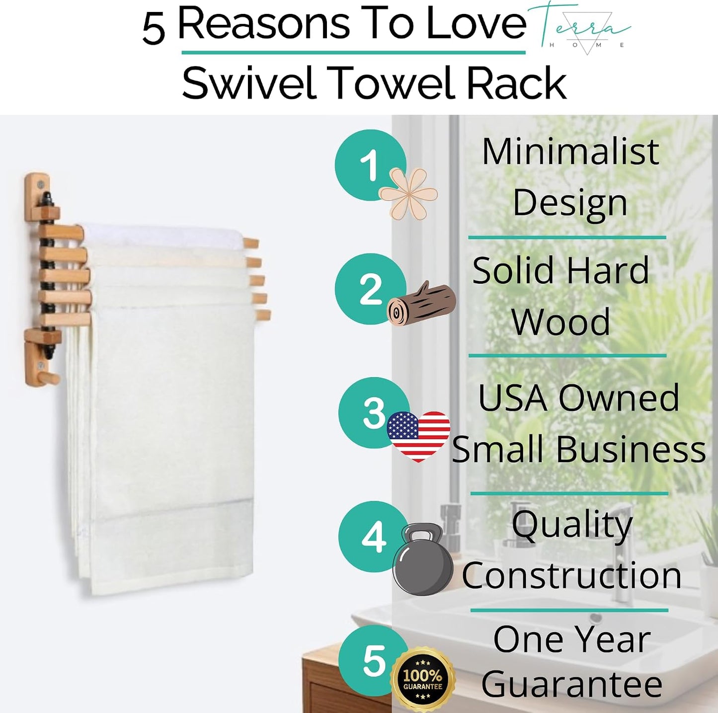 TERRA HOME Swivel Towel Rack - Clothes Drying Rack Wall Mounted - Crafted with Rustic Hard Wood - 5 Durable Rods, Stylish and Home Docor Design for Bathroom, Laundry Room