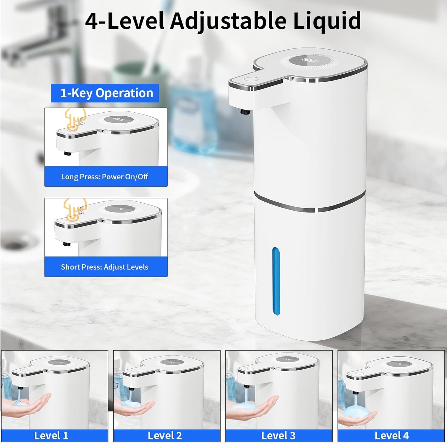 Automatic Foaming Soap Dispenser, Touchless Rechargeable Hand Soap Dispenser, 4 Adjustable Levels, 1200mAh Battery, Large Display, for Kitchen & Bathroom (Black, Foaming)