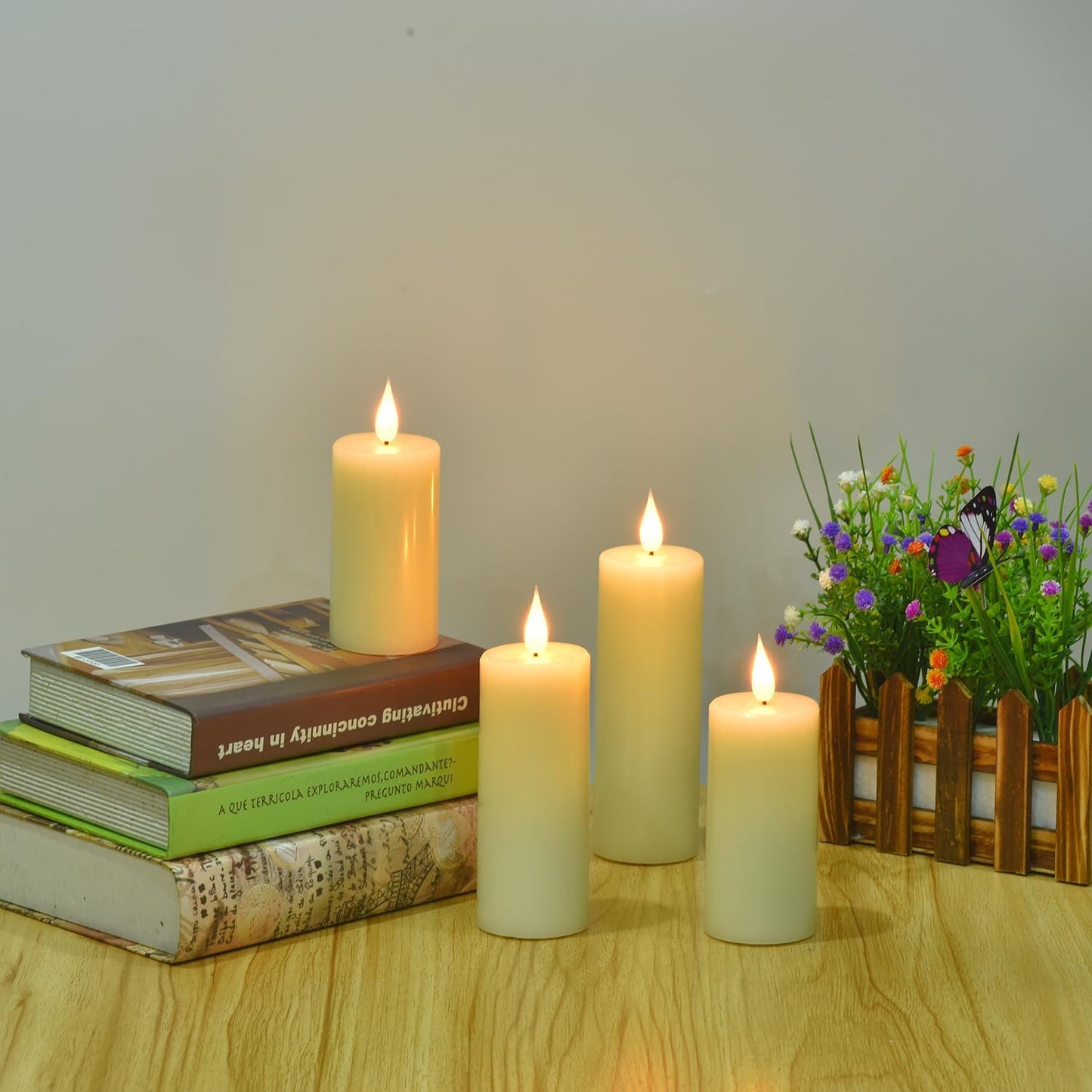 Flameless Flickering Battery Operated Candles D2.2''*H4 5" 6" 7" 8" 9" Set of 9 Ivory Real Wax Pillar LED Candles with 10-Key Remote and Cycling 24 Hours Timer (Ivory)