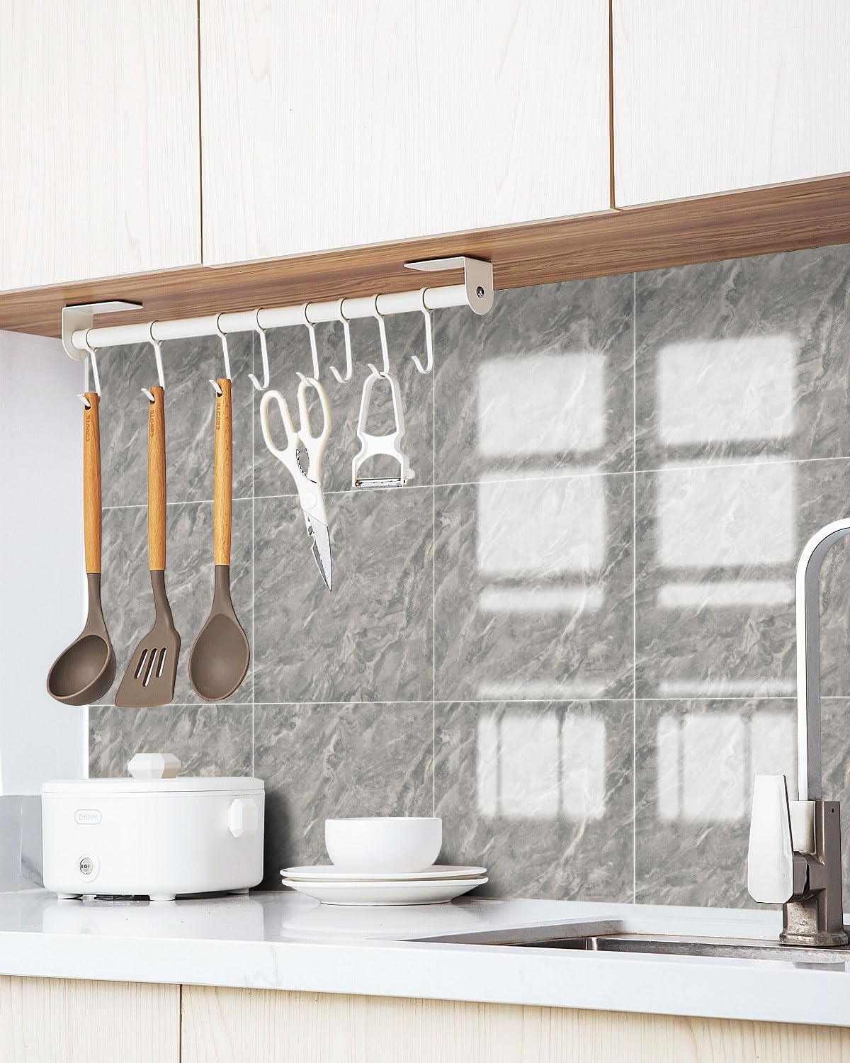 WADILE 10pcs Peel and Stick Shower Waterproof Marble Tiles Wall Panels, 11.8"x11.8" Self-Adhesive Backsplash, for Home Bathroom, Kitchen, Living Room White (Not Real Tile)