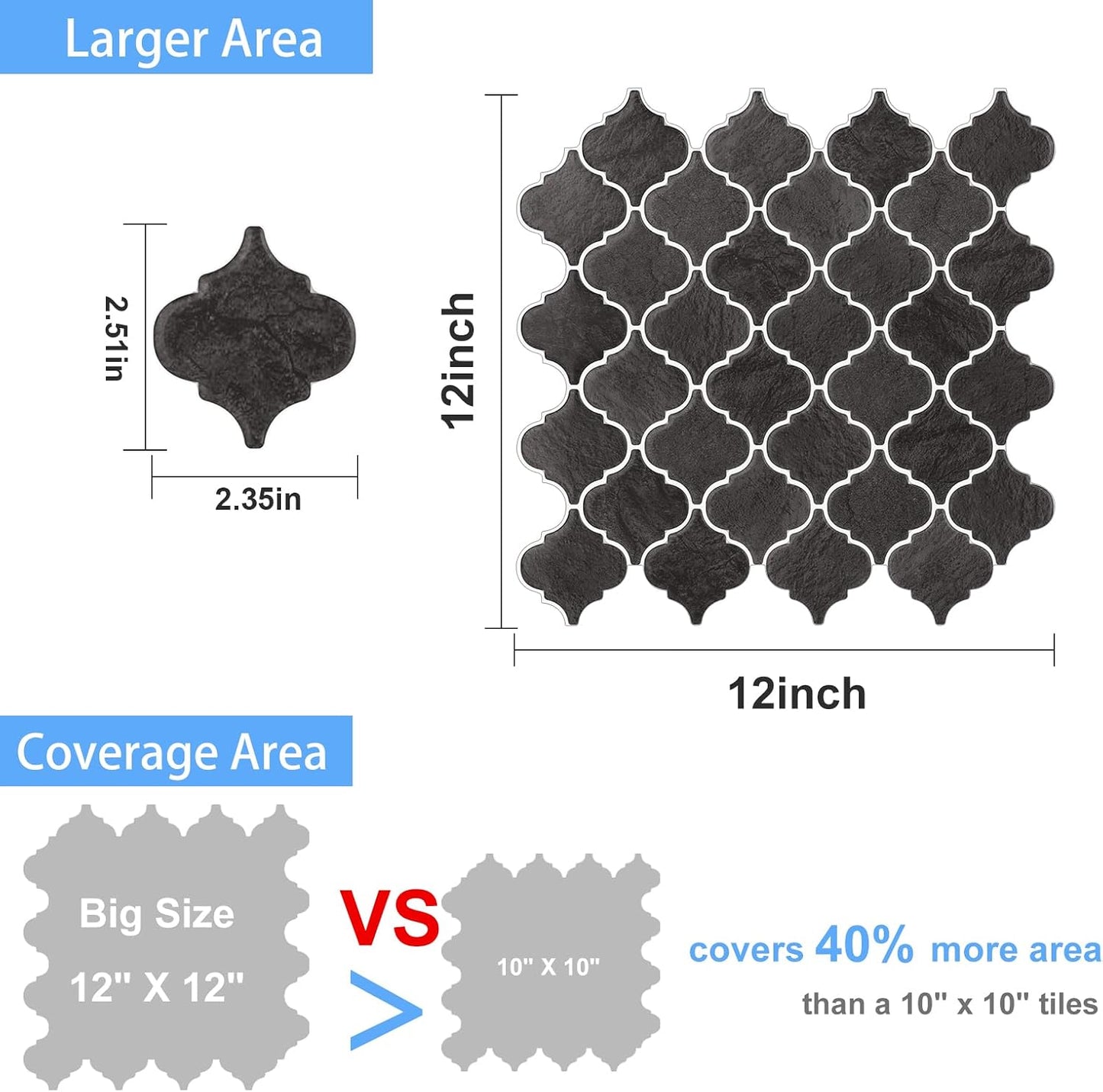 Arabesque Peel and Stick Backsplash for Kitchen, Thicker Design 3D Self Adhesive Wall Tiles, 12"x12" Peel and Stick Wall Tiles, Dark Grey 10-Sheet Stick on Tiles for Kitchen and Bathroom.