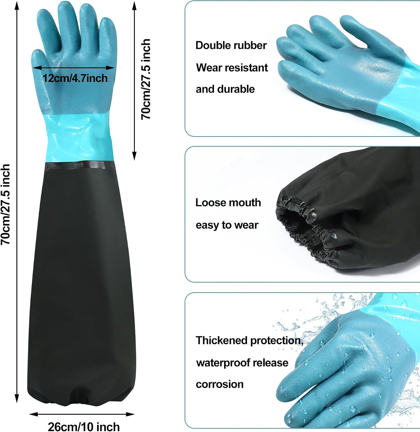 27" Full Arm Pond Gloves, Long Heavy Duty Gloves with Cotton Lining, Waterproof Rubber Chemical Resistant Glove