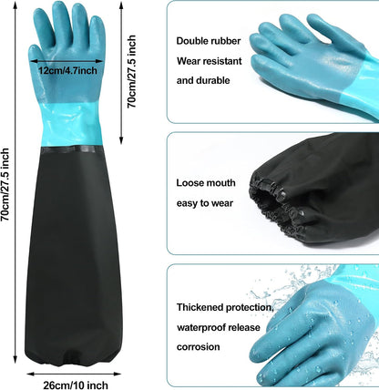 27" Full Arm Pond Gloves, Long Heavy Duty Gloves with Cotton Lining, Waterproof Rubber Chemical Resistant Glove