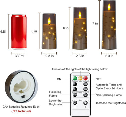 Raycare Flameless Candle with Remote Timer, 3 Flickering Acrylic Battery Operated LED Pillar Candles with Embedded Star String for Christmas, Wedding, Home Table Decor, and as a Gift (Ivory White)