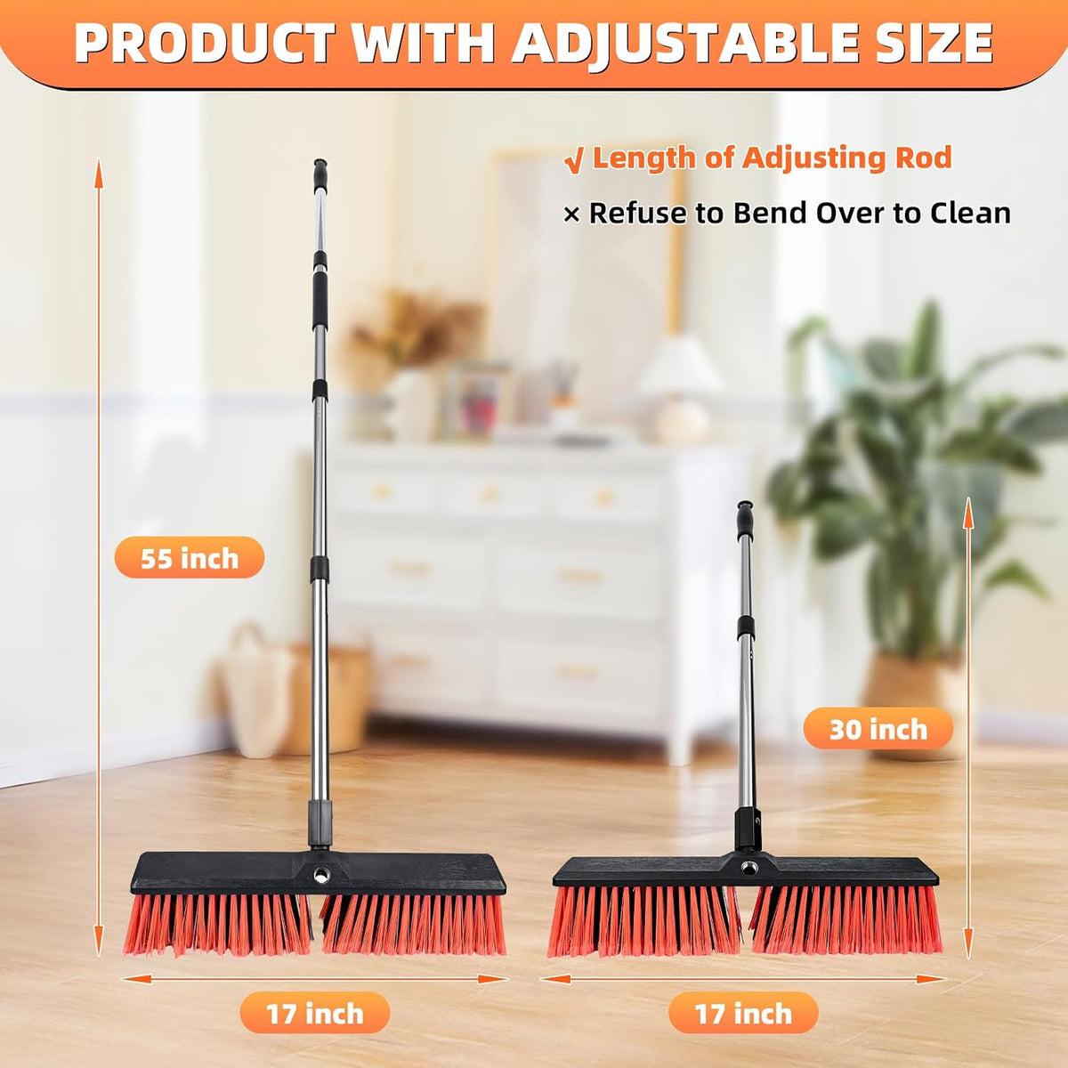 Push Broom, Swap Sides Handle Push Broom, Heavy Duty Outdoor Broom with 55" Long Handle for Cleaning of Patios, Driveways, Garages, Patios, Warehouses and Concrete Floors, 18 Inches
