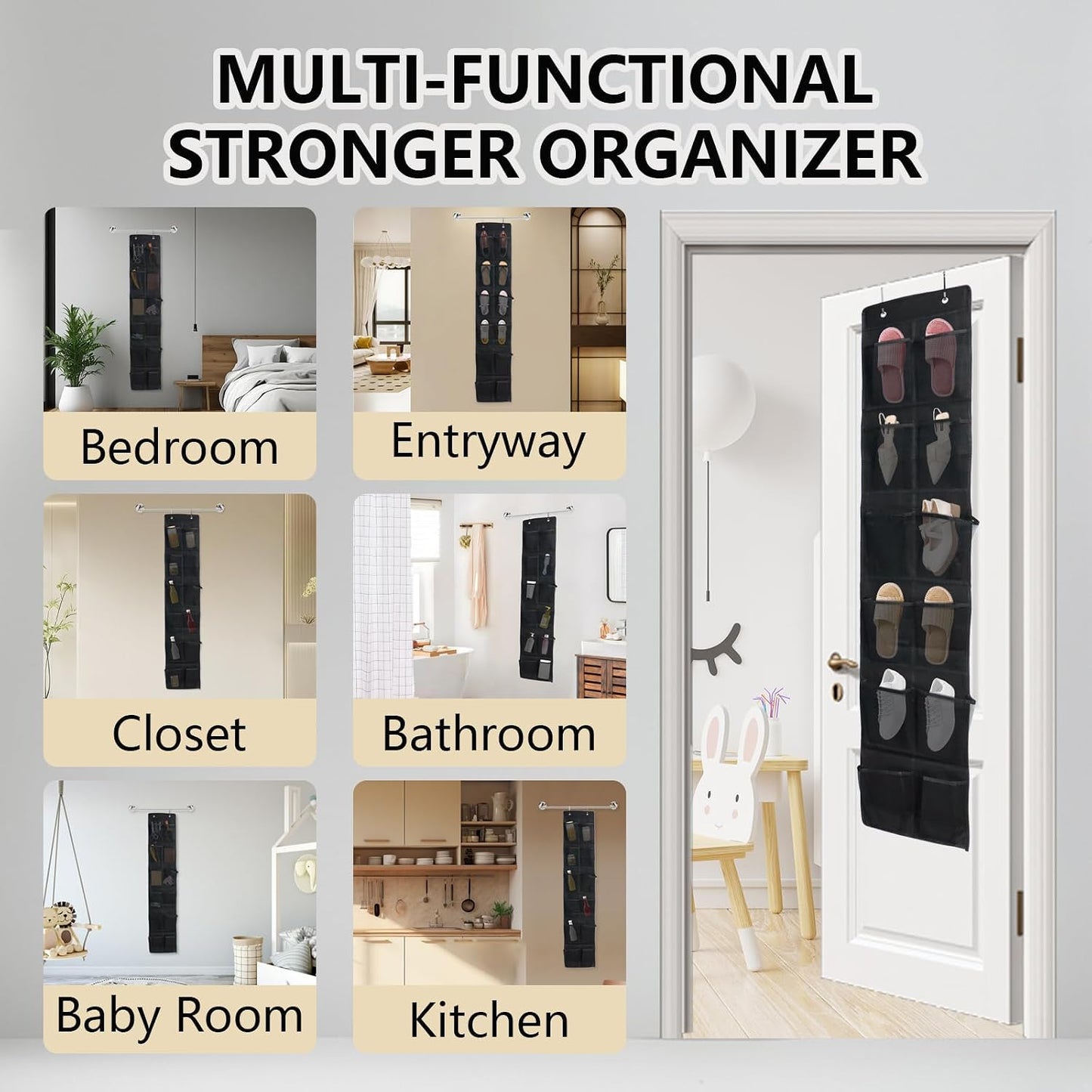 Over the Door Shoe Organizer, 12 Mesh Pockets Hanging Shoe Organizer with 4 Metal Hooks (Black)