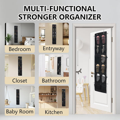 Over the Door Shoe Organizer, 12 Mesh Pockets Hanging Shoe Organizer with 4 Metal Hooks (Black)