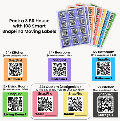 Moving Labels for Boxes – 108 Smart QR Code Stickers with AI Auto-Labeling, No Typing – Color-Coded Moving Box Labels – iOS & Android App – 2.5" x 2.5"