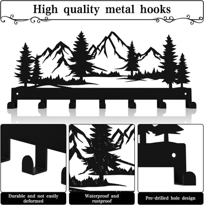Key Holder Wall Mounted Key Hooks, Black Metal Key Rack Hooks, The Great Grove, Mountain Theme Wall Decoration Hooks, with 7 Hooks, Applicable to Front Doors, Lobby,Corridor, Offices (12 ")