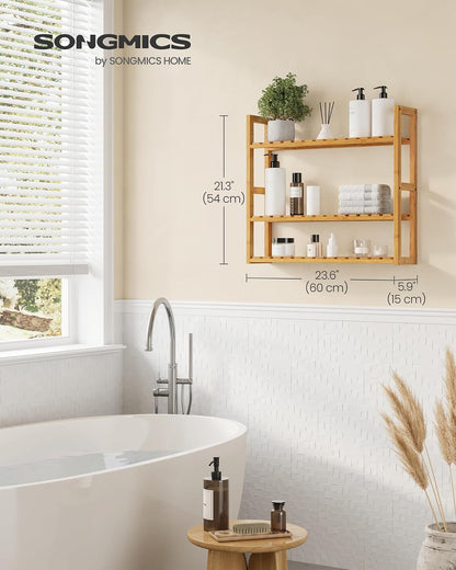 SONGMICS Bamboo Rolling Cart, 3-Tier Utility Cart on Wheels, Slim Narrow Storage Shelf, Bamboo Shelves, Space-Saving, Multifunctional, for Bathroom, Kitchen, White and Natural UBCB083N02