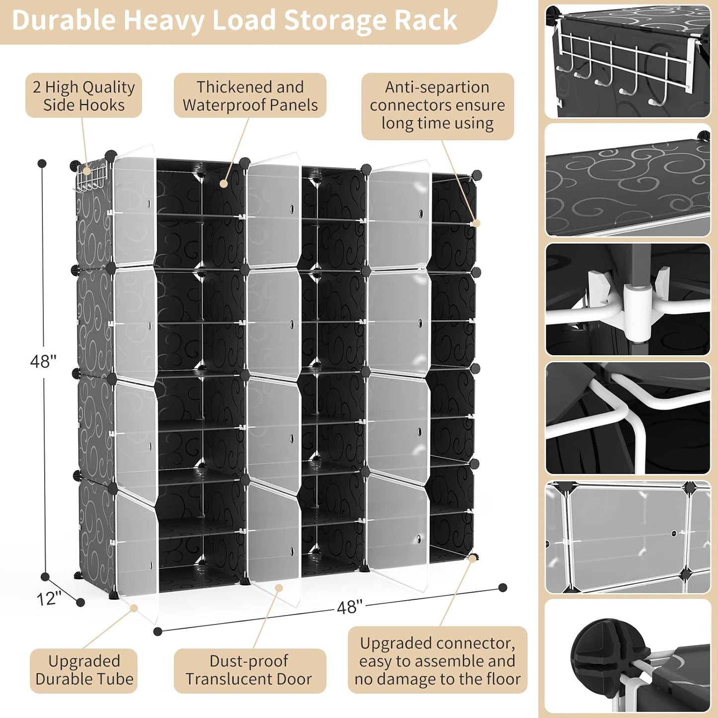 Portable Shoe Rack Organizer with Door, 96 Pairs Shoe Storage Cabinet Easy Assembly, Plastic Adjustable Shoe Storage Organizer Stackable Detachable Free Standing DIY Expandable 12 Tier Black