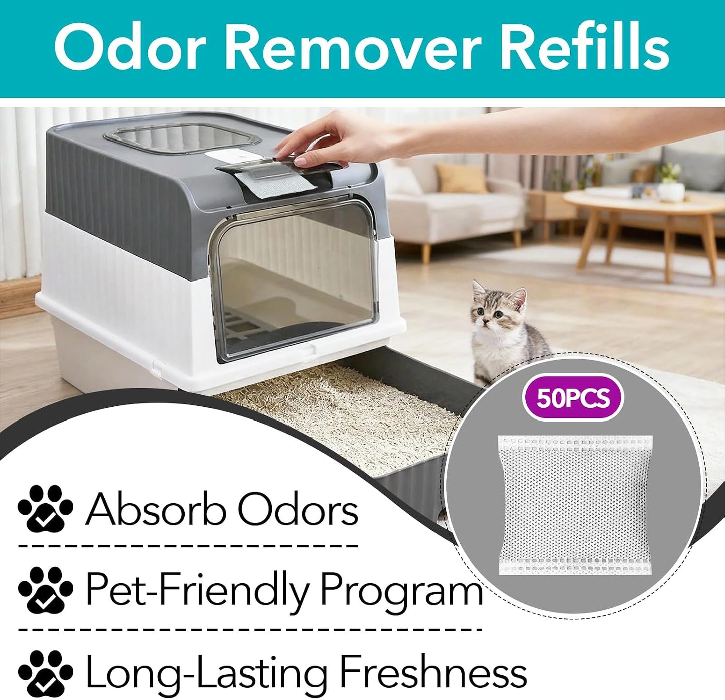50 Pcs Activated Carbon Odor Eliminator for Hooded Cat Litter Box | Odor Remover Refills, Coconut Shell Charcoal Bags, Pet Odor Control