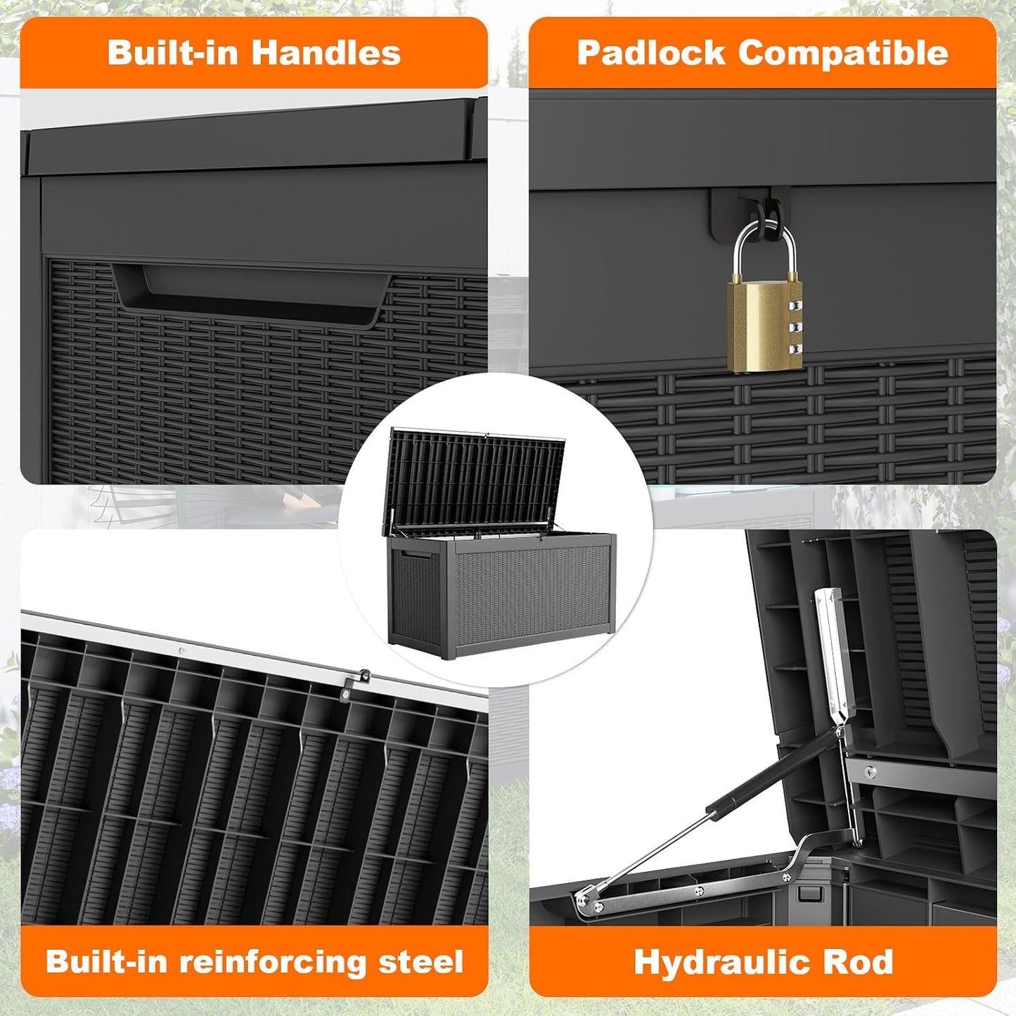 DRATO 35 Gallon Outdoor Storage Box Waterproof, Resin Small Deck Box for Patio Furniture Bench, Pool Garden Tools, Weatherproof Outside Storage Bin for Backyard Porch (Black, 35 Gallon)