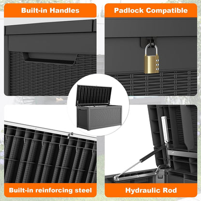 DRATO 35 Gallon Outdoor Storage Box Waterproof, Resin Small Deck Box for Patio Furniture Bench, Pool Garden Tools, Weatherproof Outside Storage Bin for Backyard Porch (Black, 35 Gallon)