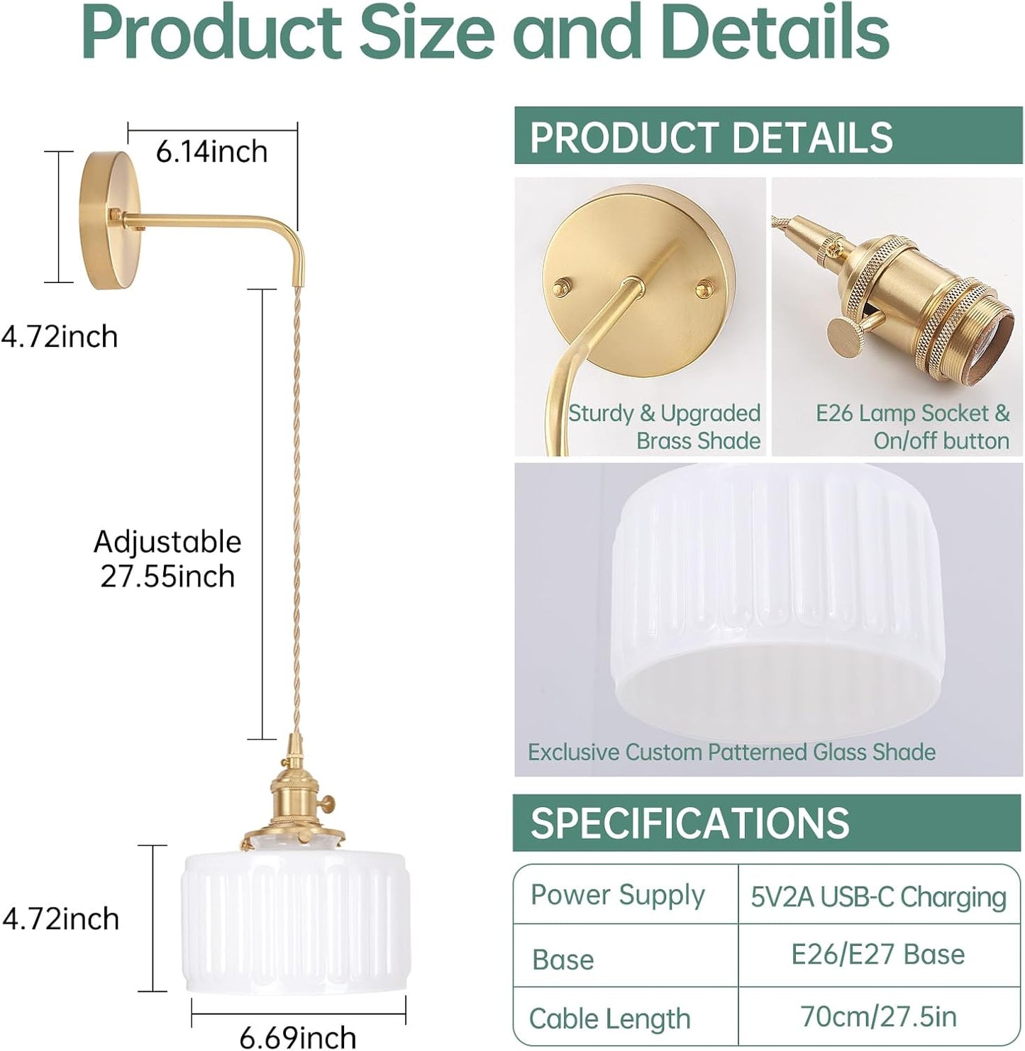 Shenmoyl Vintage Battery Operated Wall Sconce with Clear Striped Glass Lampshade 5000 mAh Rechargeable Battery Powered Wall Light with Remote Control for Bedside Bedroom Doorway, Set of 2