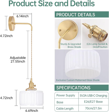 Shenmoyl Vintage Battery Operated Wall Sconce with Clear Striped Glass Lampshade 5000 mAh Rechargeable Battery Powered Wall Light with Remote Control for Bedside Bedroom Doorway, Set of 2