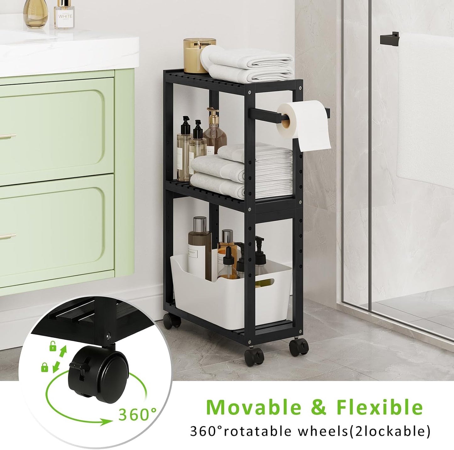RRX Toilet Paper Holder with 3 Tier,16.14''Dx7.08''Wx28.35''H (Beige) | Small Bathroom Rolling Bamboo Mobile Storage Corner Shelf Cabinet for Narrow Spaces, Freestanding Slim Kitchen Organizer