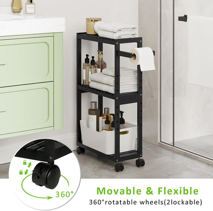 RRX Toilet Paper Holder with 3 Tier,16.14''Dx7.08''Wx28.35''H (Beige) | Small Bathroom Rolling Bamboo Mobile Storage Corner Shelf Cabinet for Narrow Spaces, Freestanding Slim Kitchen Organizer