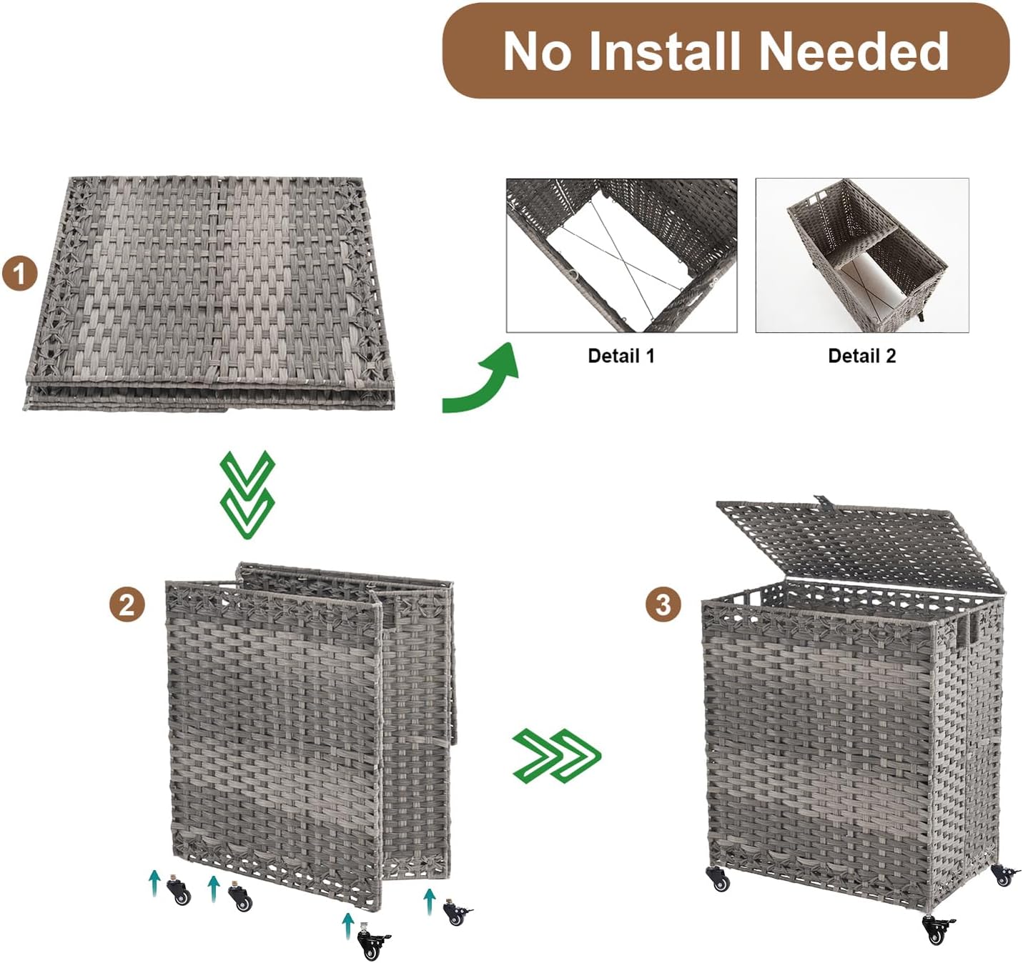 Laundry Hamper with Wheels&Lid, 50.2 Gallons(190L) Rolling Laundry Basket with Wheels, 3-Section Laundry Hamper, Handwoven Rattan Clothes Hamper with 6 Removable Liner& 3 Mesh Laundry Bags, Grey