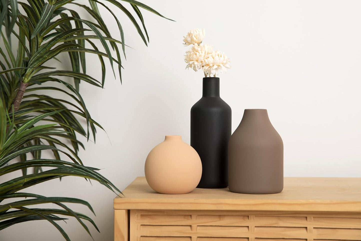 Ceramic Vase Set of 3 - Modern Farmhouse Decorative Vases for Home Decor. Boho, Rustic Vase, Small Neutral Pottery Vase Sets for Table, Shelf, Entryway, Living Room, Kitchen, Bedroom, Bathroom, Office