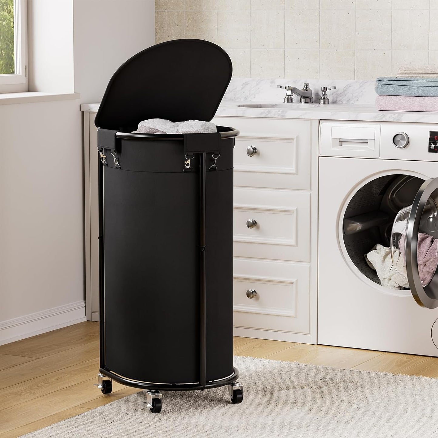 200L Double Laundry Hamper with Lid and Wheels, Large Oval Rolling Laundry Basket 2 section, Sturdy Metal Laundry Cart with 2 Removable Bags, Dirty Clothes Organizer for Home, Dorm, Black