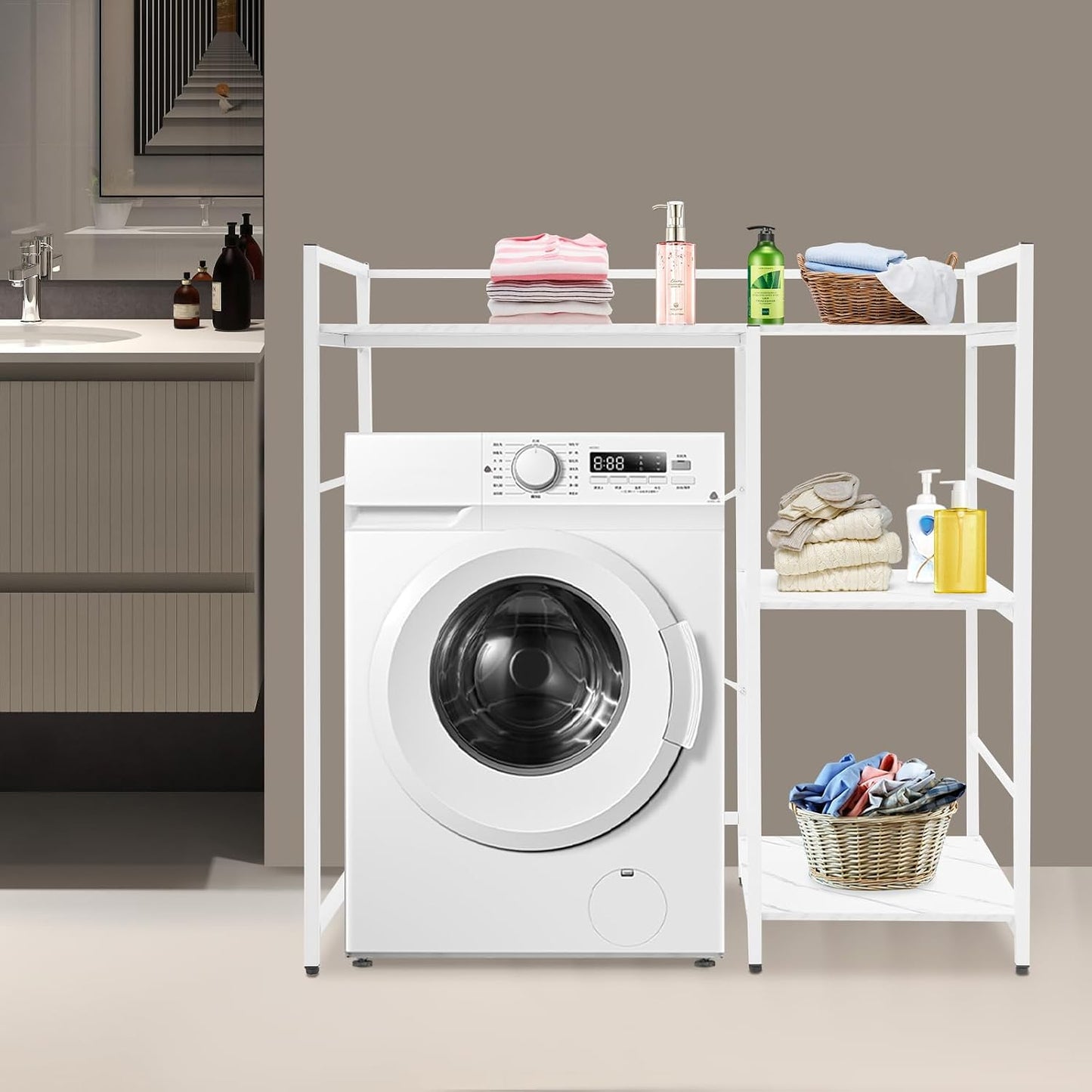 3-Tier Mini Fridge Stand with Storage Multi-Purpose Washing Machine Shelf Over The Washer Storage Shelf Utility Over Washer and Dryer Shelves for Kitchen, Laundry Room (Black+Brown)