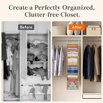 Lifewit 5 Tier Hanging Closet Organizer and Storage for Shelves, Foldable Clothes Shelf with 2 Sturdy Hooks, Sweater/Coat/Shoes Clothing Organization for Wardrobe, Dorm, Bedroom, Gray