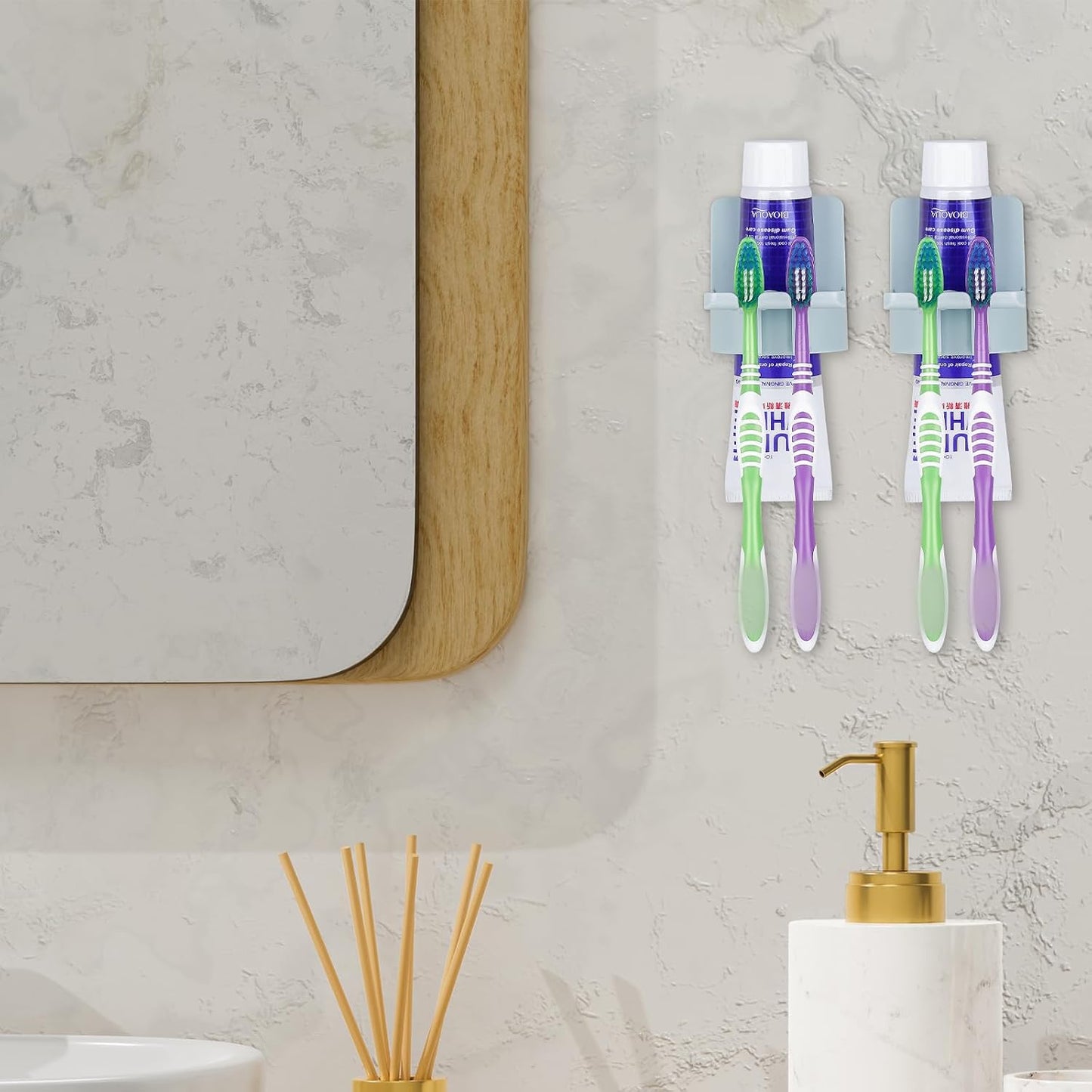 2 PCS Self-Adhesive Toothbrush Holders Wall Mounted, Water Proof Toothbrush Hook, 3 in 1 with Toothbrush Hanger Toothpaste Holder and Gargle Cup Holder for Bathroom Shower (White)