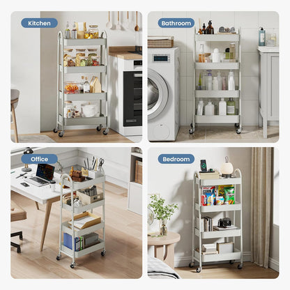 DUMOS 3 Tiers Rolling Cart, Utility Cart, Metal, White | Mobile Storage, Lockable Wheels, Utility Shelving Unit, Kitchen, Bathroom, Laundry, Narrow Places