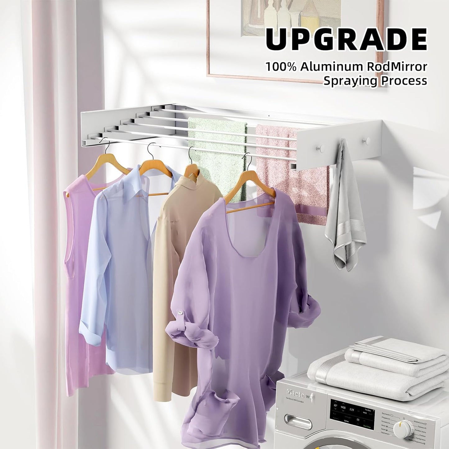 ZMBESUP Wall Mounted Clothes Drying Rack, 31.5" Foldable Collapsible Laundry Rack, Heavy Duty 60 lb Capacity Hidden Space Saver, Includes Wall Template for Laundry Room Indoor Outdoor Balcony (White)