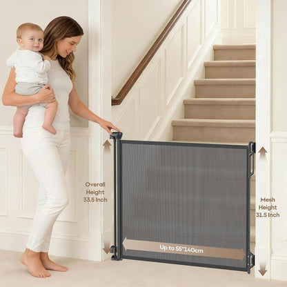SPACEANY Retractable Safety Baby Gate or Mesh Dog Gate,Durable Portable Mesh Retractable Gate,Easy to Use for Stairs, Doorways, Hallways, Indoor, Outdoor, 33.5" Tall, Up to 45" Wide, Cream
