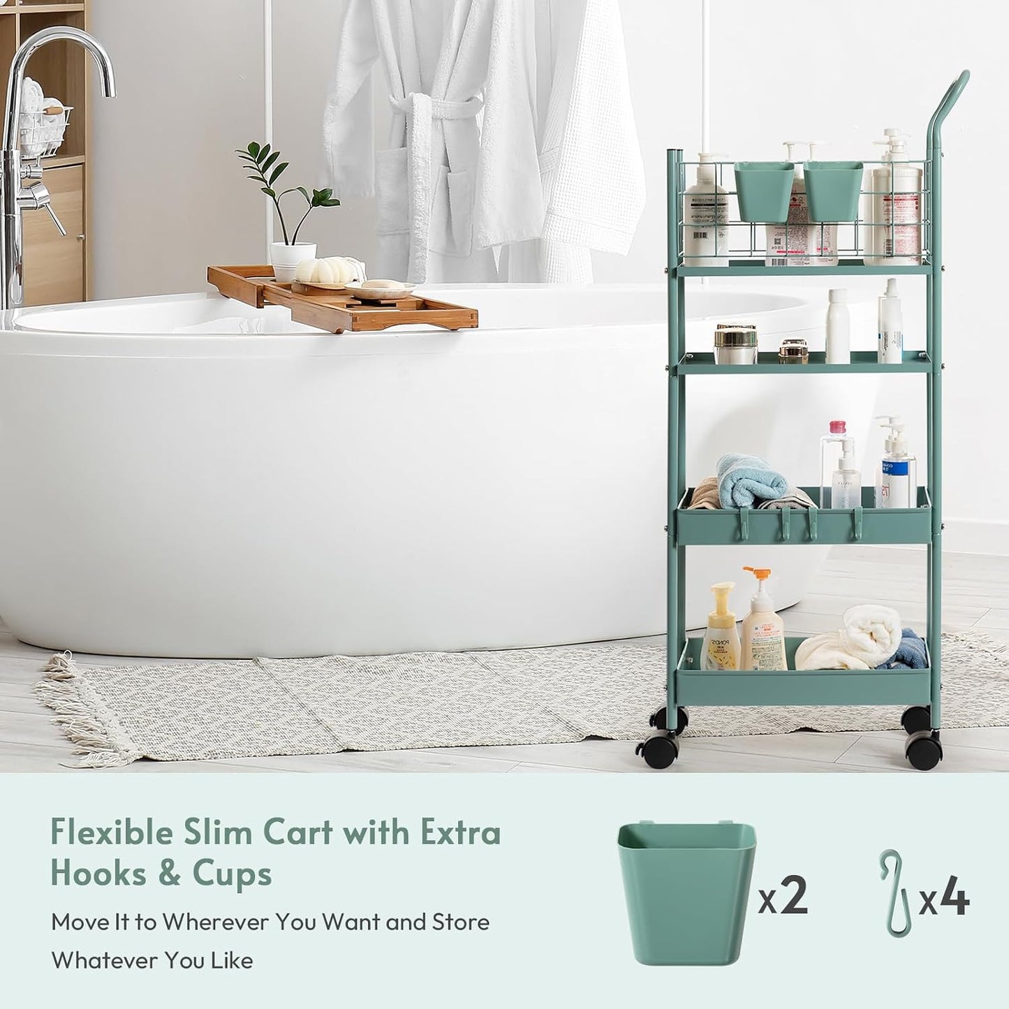 danpinera Rolling Utility Cart with Wheels, 4 Tier 7.7'' Metal Rolling Narrow Storage Cart with Hooks and Hanging Cups on Wheels for Bathroom, Kitchen, Office and Small Spaces, Green