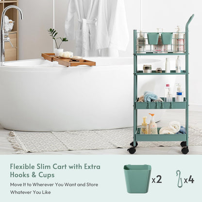 danpinera Rolling Utility Cart with Wheels, 4 Tier 7.7'' Metal Rolling Narrow Storage Cart with Hooks and Hanging Cups on Wheels for Bathroom, Kitchen, Office and Small Spaces, Green