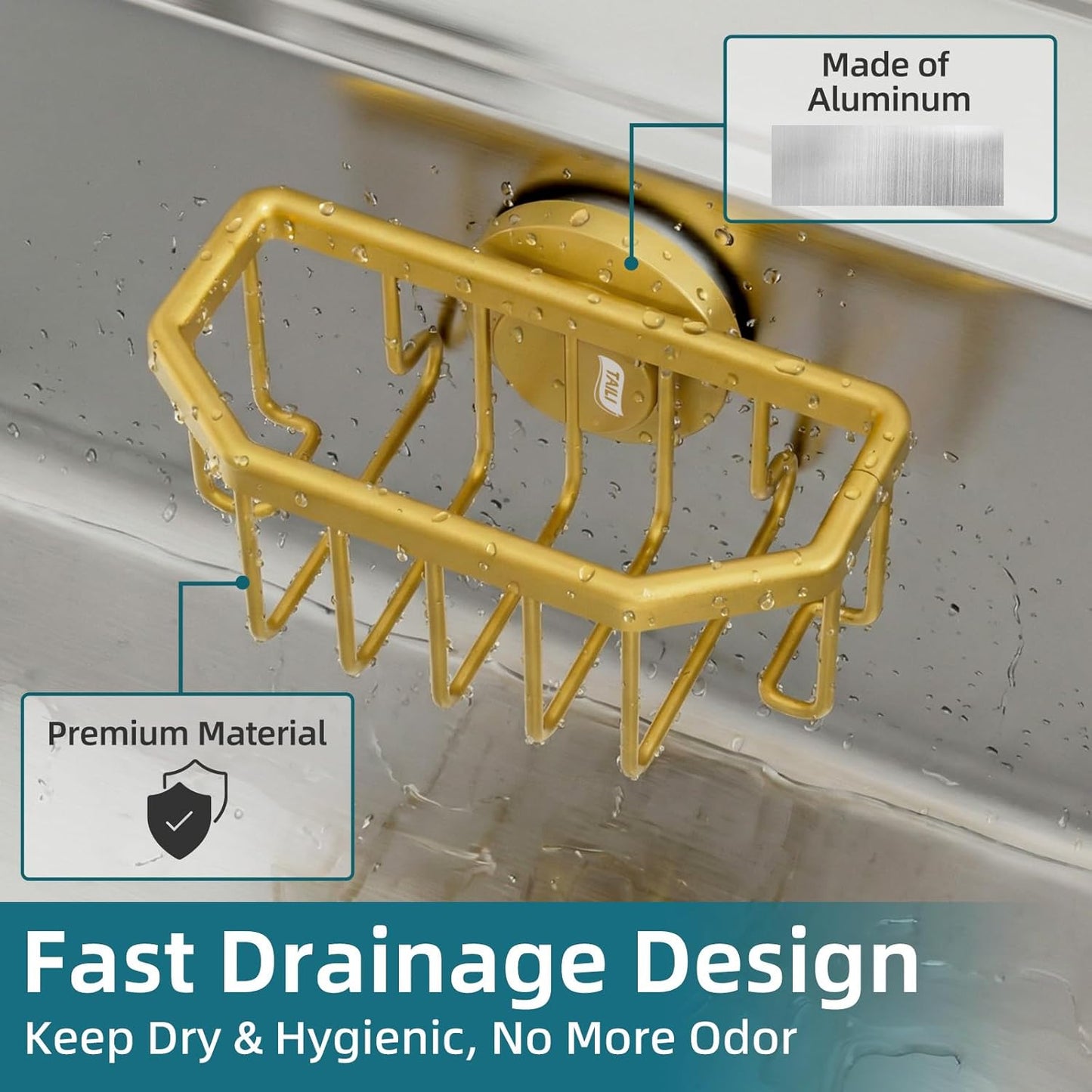TAILI Sponge Holder with Strong Suction Cup, Dish Sponge Caddy Inside Sink Removable, Rustproof Aluminum for Sponges, Brushes, Stoppers and Scrapers - Black