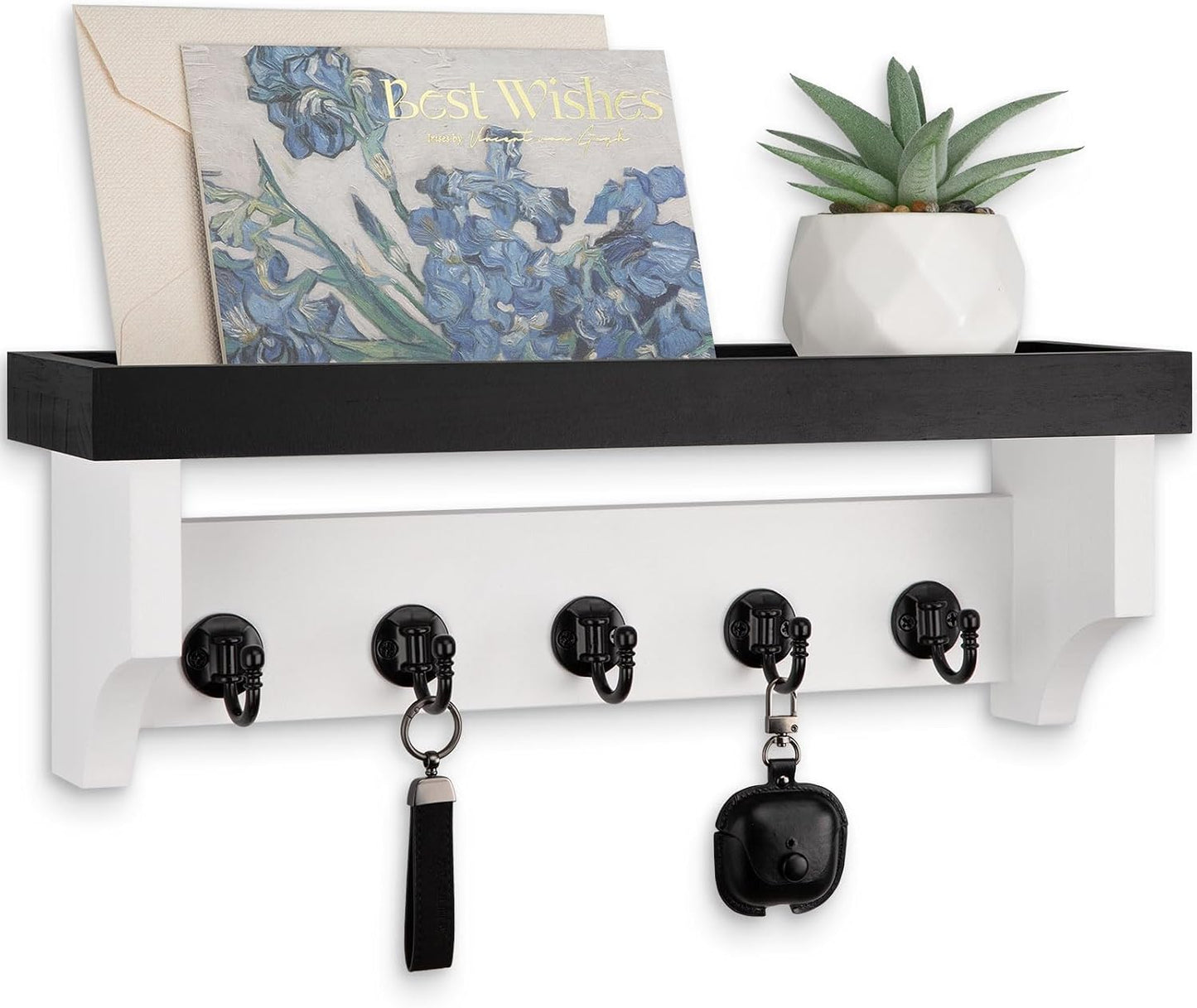 Key and Mail Holder Wall Mount, Key Holder with Shelf and Mail Organizer Wall Mount. Mail Holder with 5 Hooks for Coat, Dog Leash, Home Decor Rack, Entry Way Organizer (White)