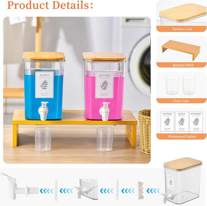 RoleDes Liquid Laundry Detergent Dispenser Set with Shelf and Bamboo Lids for Laundry Room Organization and Storage - 2 Pack 96 oz Laundry Containers for Laundry Soap, Fabric Softener