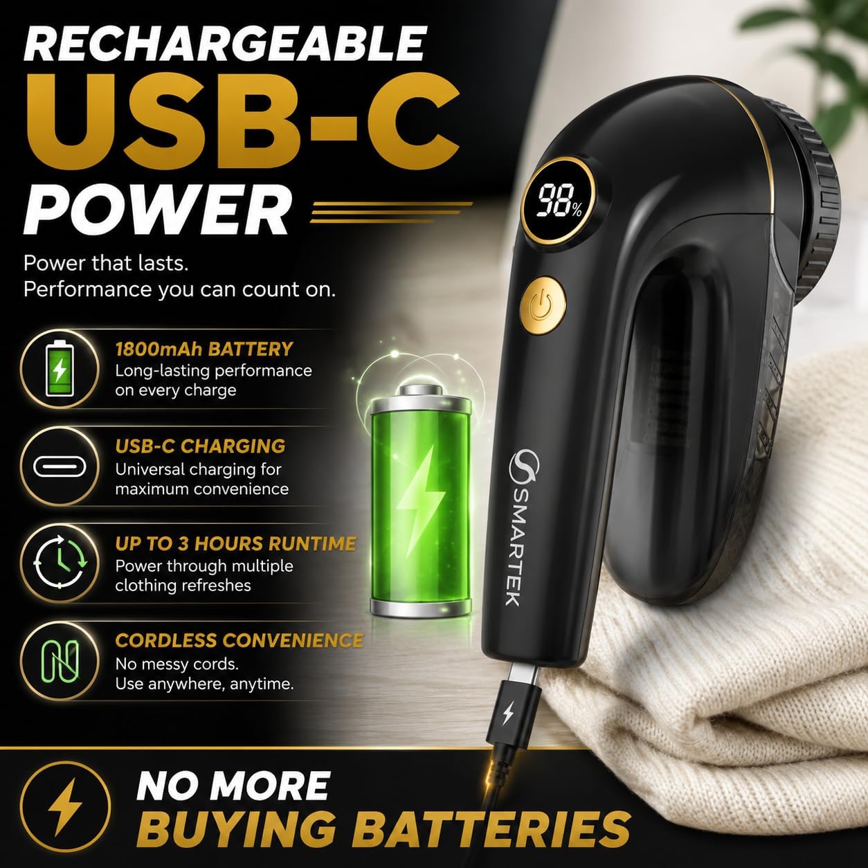 Smartek Rechargeable - Fabric Shaver for Clothes - Lasts for Hours Between Charges - 2-Speeds with High and Low Lint Shaving Modes - Built-in LED Screen - Lint Shaver for Removing Fuzz and Pilling
