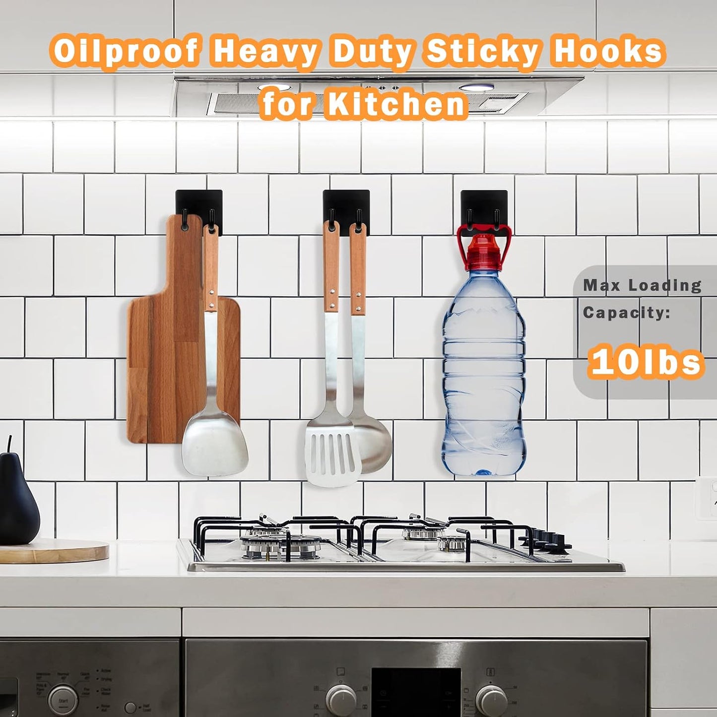 Adhesive Hooks Heavy Duty, Long Stainless Steel Self Adhesive Wall Hook, Sticky Towel Hangers for Kitchen Bathroom, Waterproof Stick on Door Hooks for Hanging Key Hat Coat 4Pack(Black)