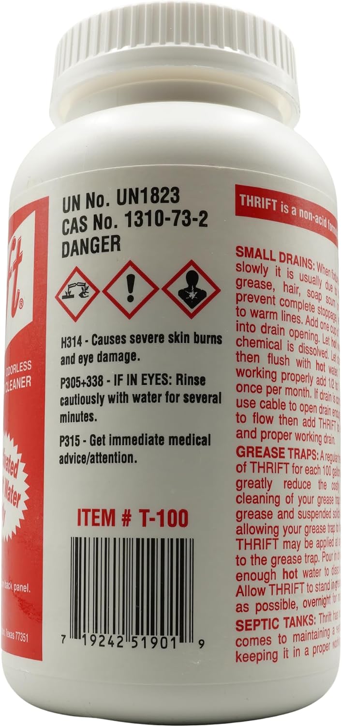Thrift T-100 Odorless Drain Cleaner – Hot Water Activated Drain Cleaner for Small Drains, Grease Traps, Septic Systems & Sewer Lines – 1 Pound Bottle