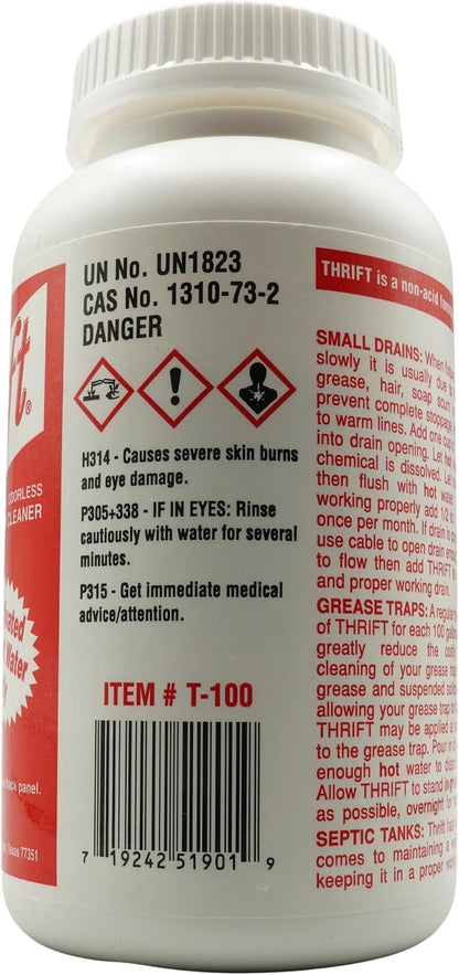 Thrift T-100 Odorless Drain Cleaner – Hot Water Activated Drain Cleaner for Small Drains, Grease Traps, Septic Systems & Sewer Lines – 1 Pound Bottle