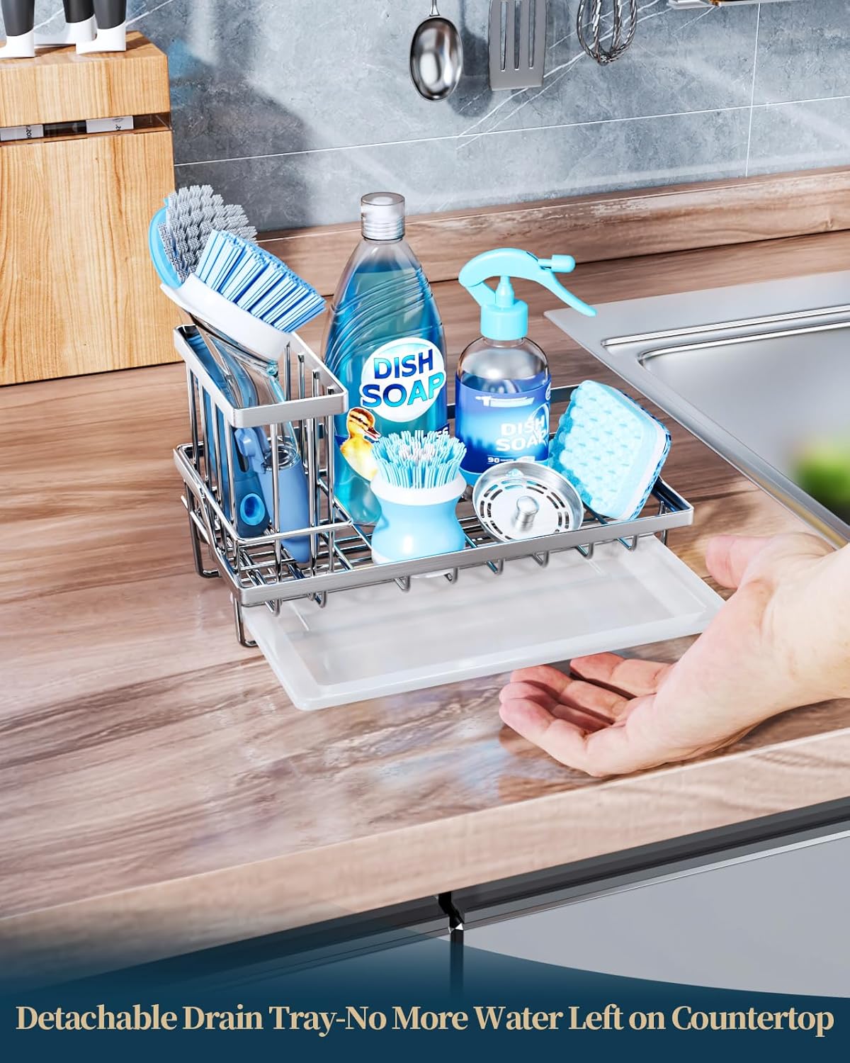 Consumest Sponge Holder for Kitchen Sink - Kitchen Sink Caddy Organizer with Removable Drip Tray for Countertop Dish Soap Dispenser Brush Storage Accessories 304 Stainless Steel - Black