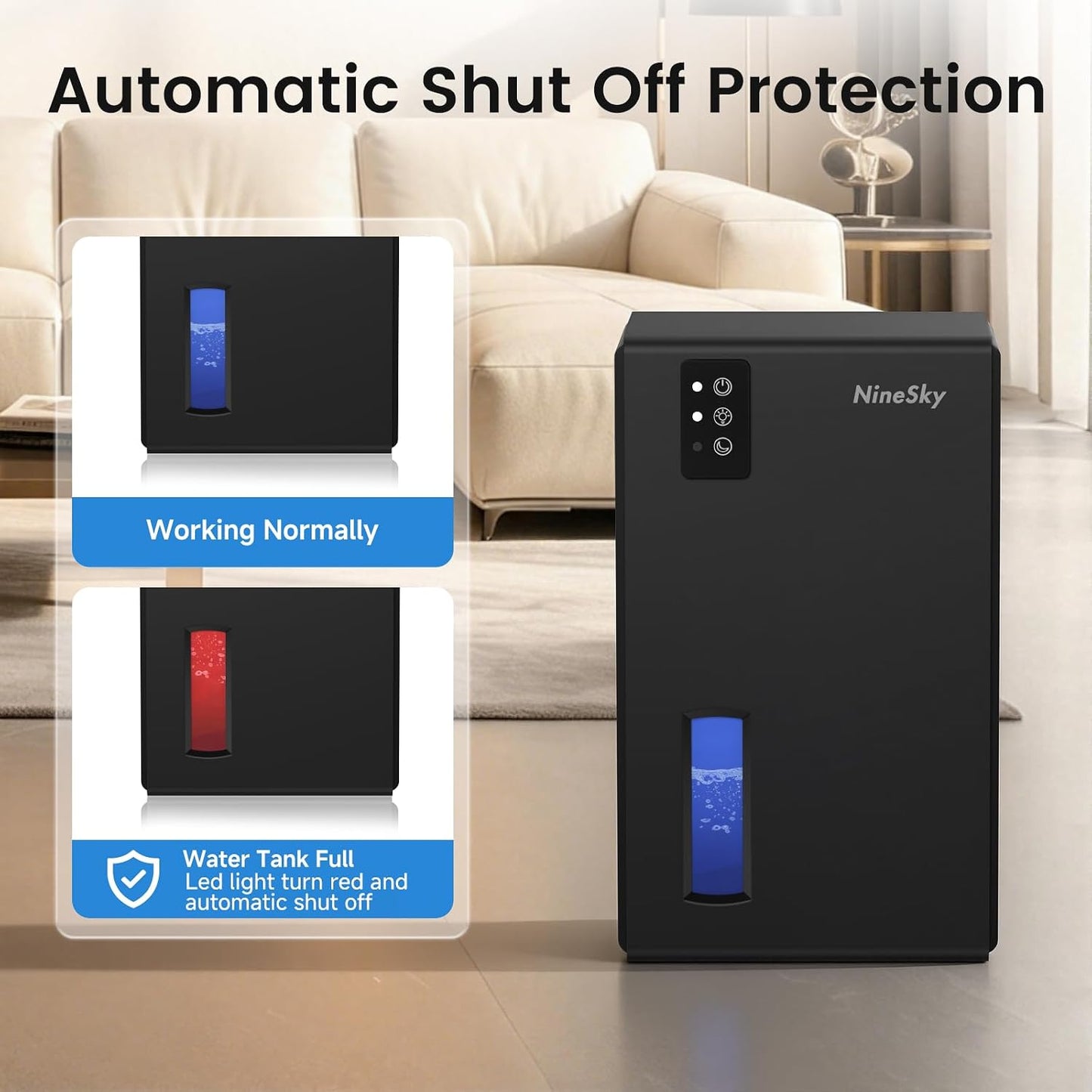 NineSky Dehumidifiers for Home, 1000 Sq.Ft Dehumidifier with 95oz Water Tank, Quiet Dehumidifier for Basement Bathroom Bedroom with 7-Color Ambient Light & Auto Shut Off, Sliver