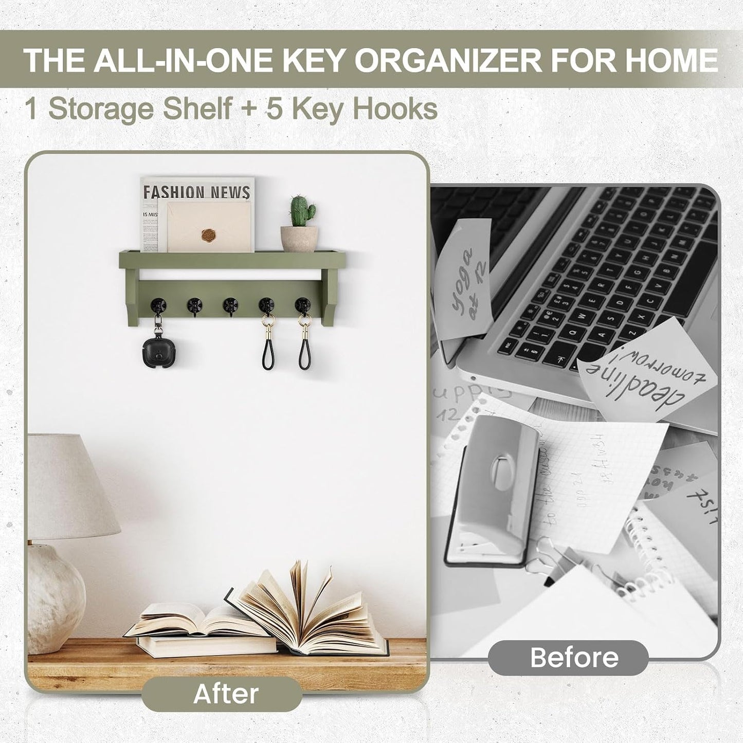 Key and Mail Holder Wall Mount, Key Holder with Shelf and Mail Organizer Wall Mount. Mail Holder with 5 Hooks for Coat, Dog Leash, Home Decor Rack, Entry Way Organizer (White)