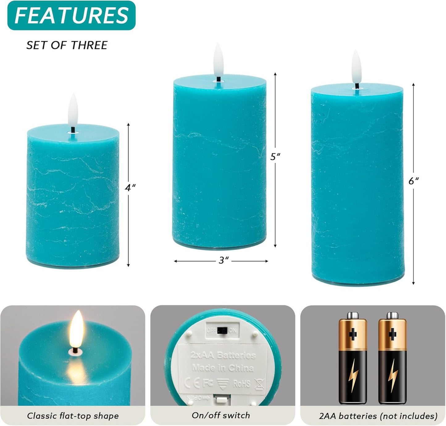 White Flameless Pillar Candles, Battery Operated Wax Candles with Remote, Flat Top Flickering Flameless Candles, LED Candle for Home, Wedding, Party Decor, Set of 3, Φ 3" H 4" 5" 6"
