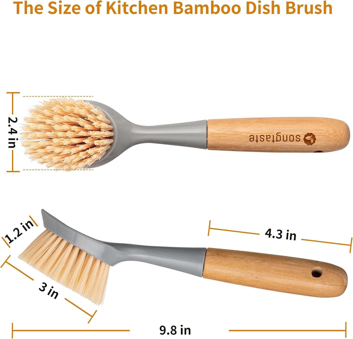 2 Pack Kitchen Dish Brush Bamboo Handle Dish Scrubber Built-in Scraper, Scrub Brush for Pans, Pots, Kitchen Sink Cleaning, Dishwashing and Cleaning Brushes are Perfect Cleaning Tools, White