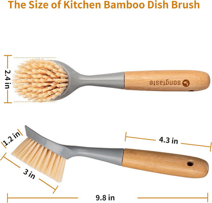 2 Pack Kitchen Dish Brush Bamboo Handle Dish Scrubber Built-in Scraper, Scrub Brush for Pans, Pots, Kitchen Sink Cleaning, Dishwashing and Cleaning Brushes are Perfect Cleaning Tools, White