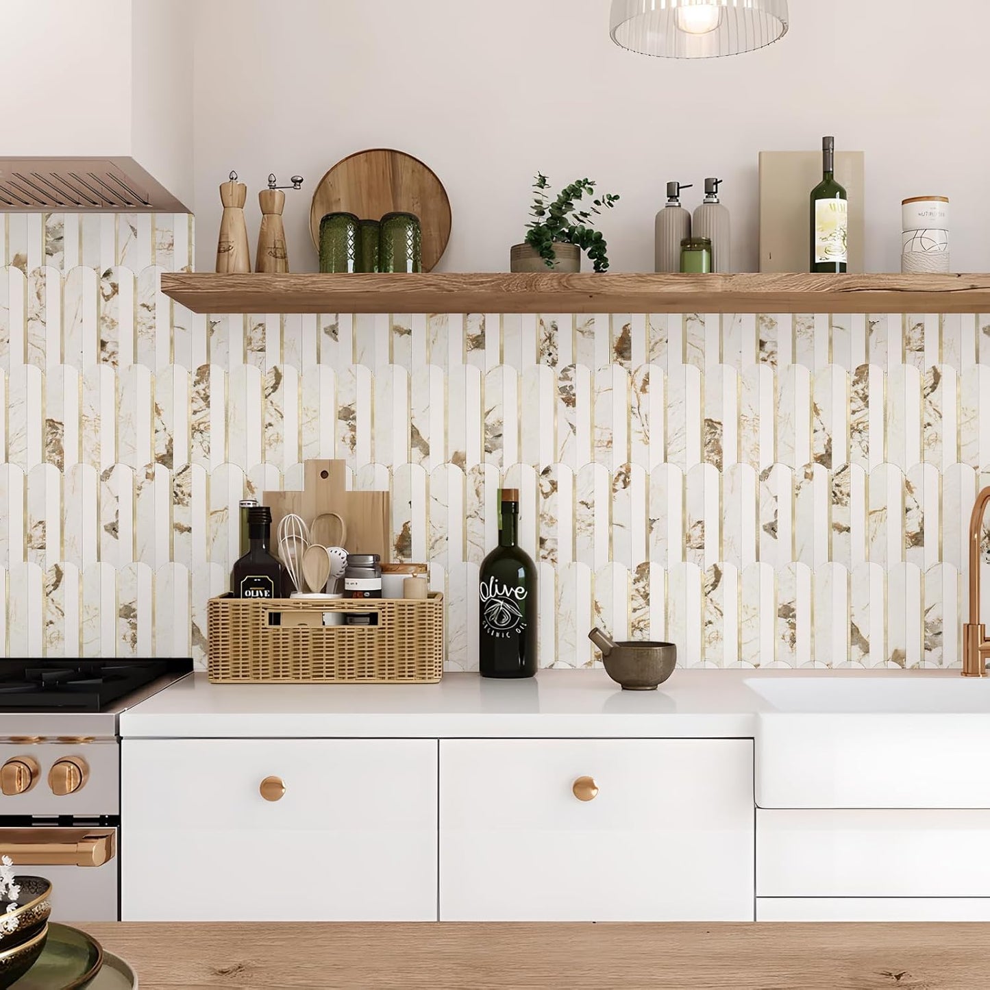 Vamos Peel and Stick Backsplash Seamless Tile for Kitchen and Bathroom,White and Beige Slate PVC Mixed Light Gold Self Adhesive Fish Scale Metal Mosaic Tiles (10 Sheets)